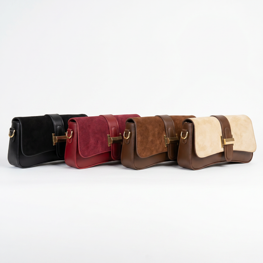 BOLSO BAGUETTE EN CUERO SINTÉTICO Y GAMUZA, HERRAJES DORADOS, BOLSILLO INTERNO Y CORREA AJUSTABLE.
