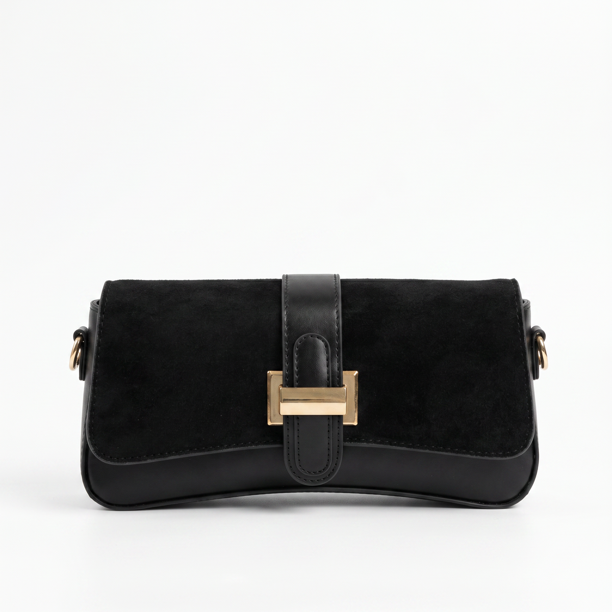 BOLSO BAGUETTE EN CUERO SINTÉTICO Y GAMUZA, HERRAJES DORADOS, BOLSILLO INTERNO Y CORREA AJUSTABLE.